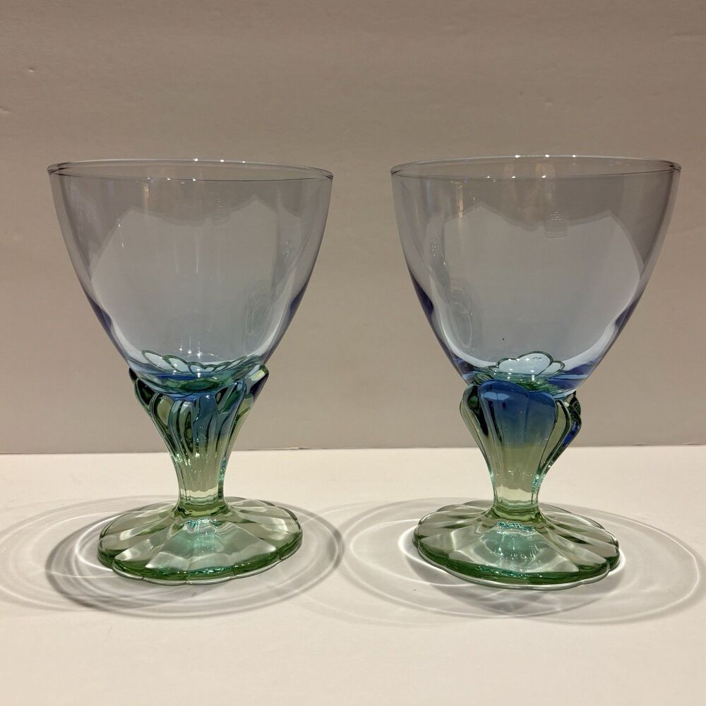 2 Bormioli Rocco Bahia Footed 6" Tall Water Goblet Green Blue Italian Glassware